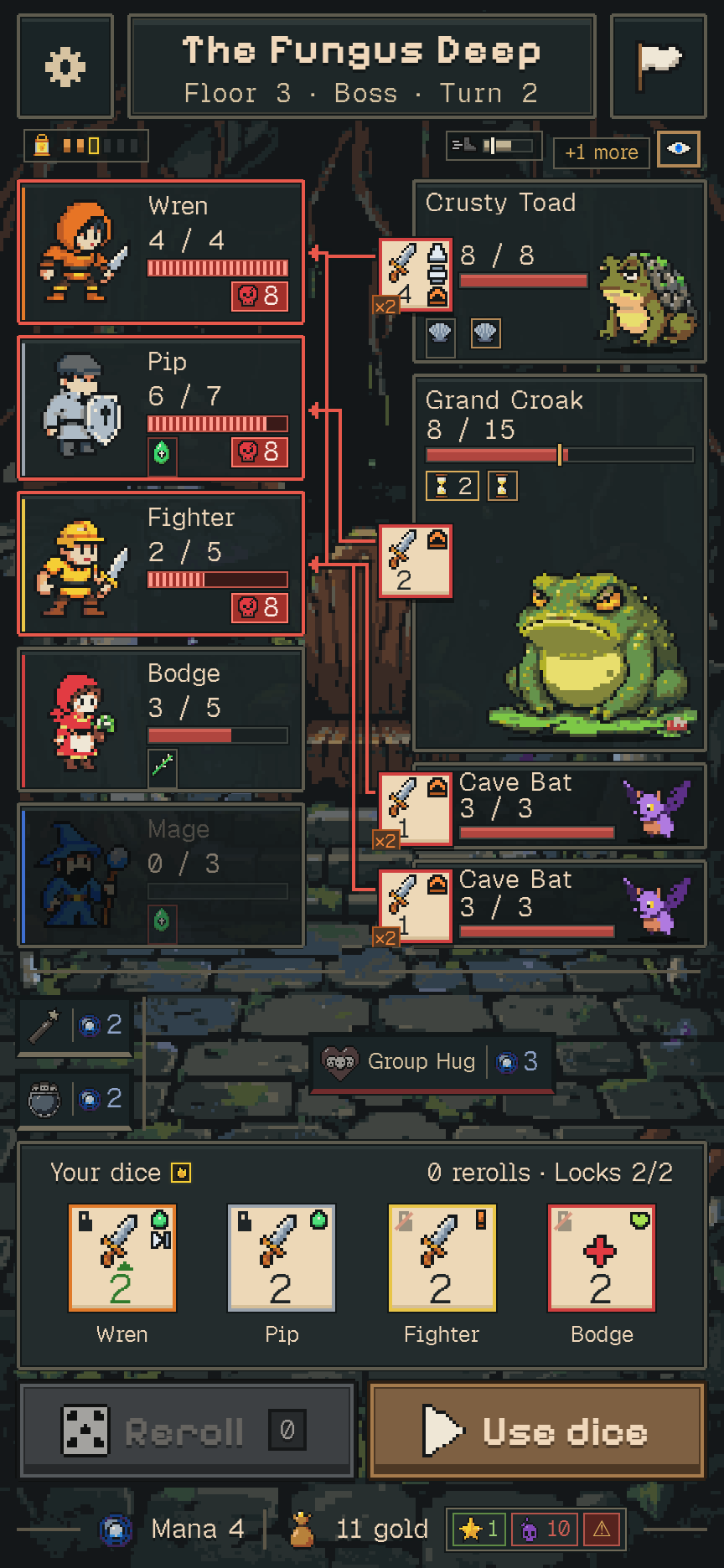A boss fight against the Grand Croak in the Fungus Deep